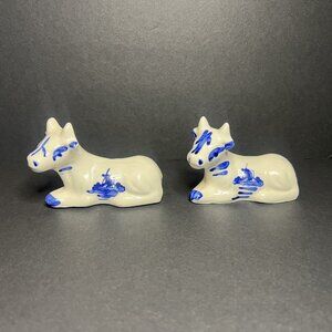 Vintage Blue & White Ceramic Holland Windmill Cow Salt & Pepper Shaker Set